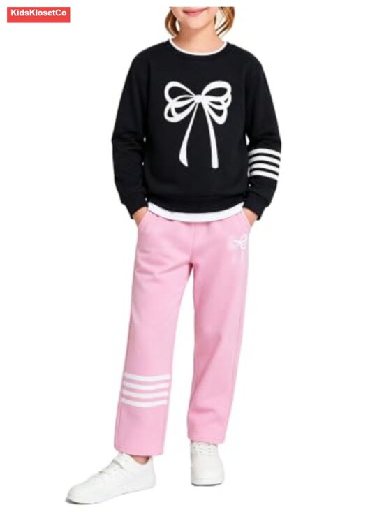 Other - Girls Bow Print Sweatshirt & Striped Jogger Pants Outfit Set